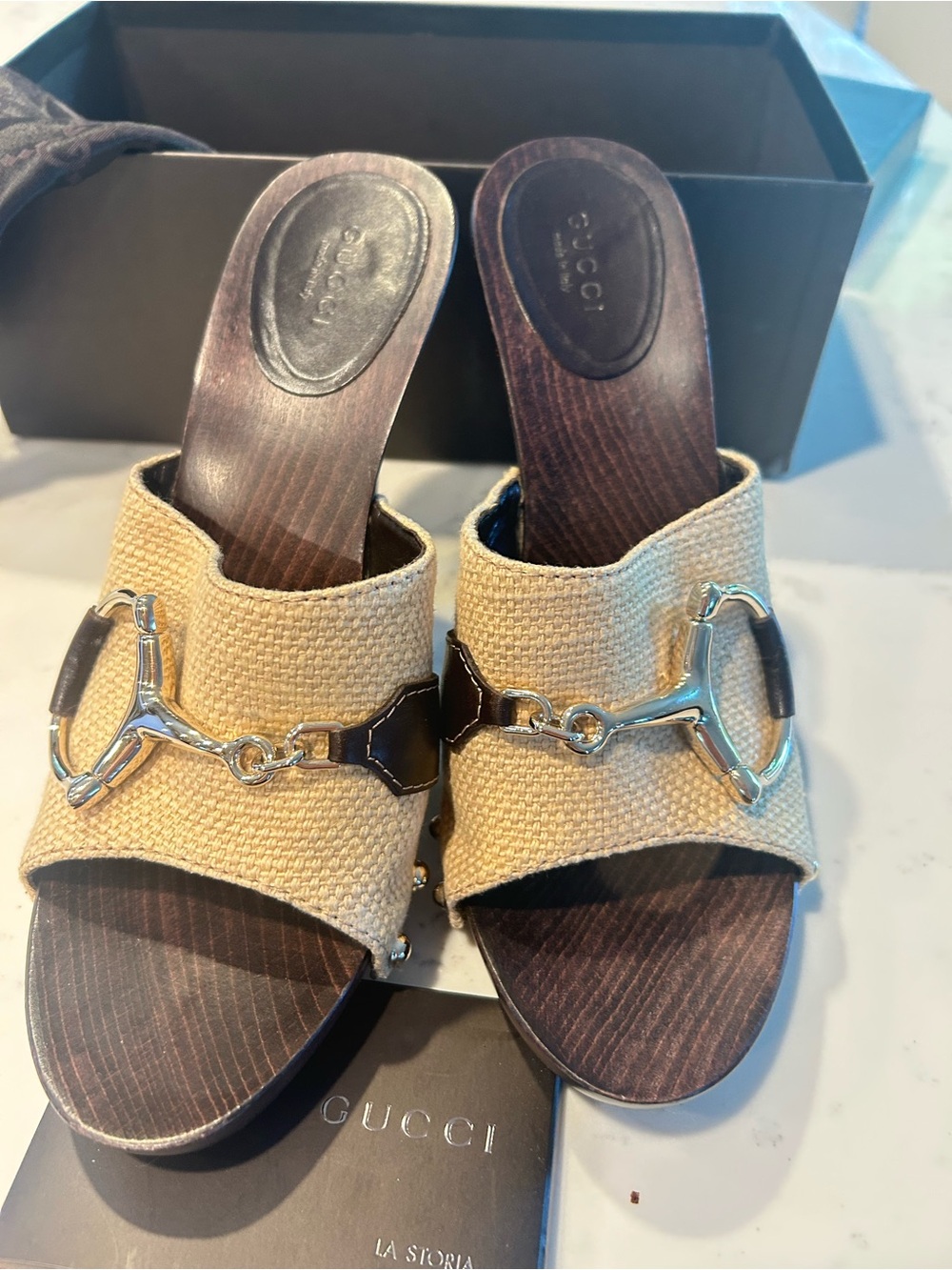 Gucci Beige Canvas Horsebit Studded Mule Heels - Picture 5 of 6